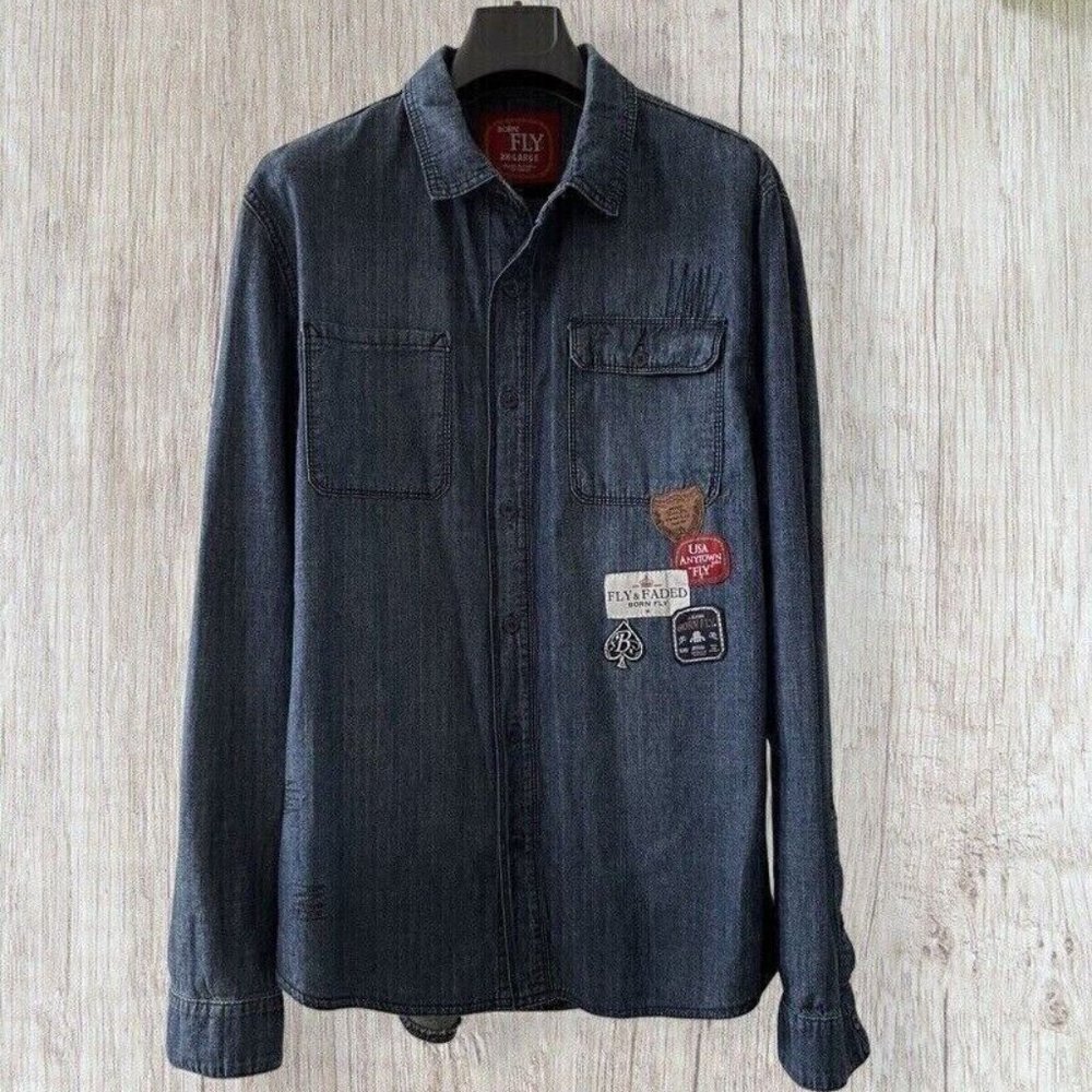 Vintage Men Denim Shirt Long Sleeve Jean Classic Born Fly Embroidered Patch 2XL